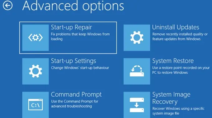 Das Menü „Advanced options“ des Windows Recovery Environment mit Start-up Repair, Command Prompt und weiteren Reparaturoptionen